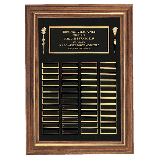 Walnut 48 Plate Perpetual Plaque with Black Brass 18" x 25"/Plates 7/8" x 2 3/4" American Plates
