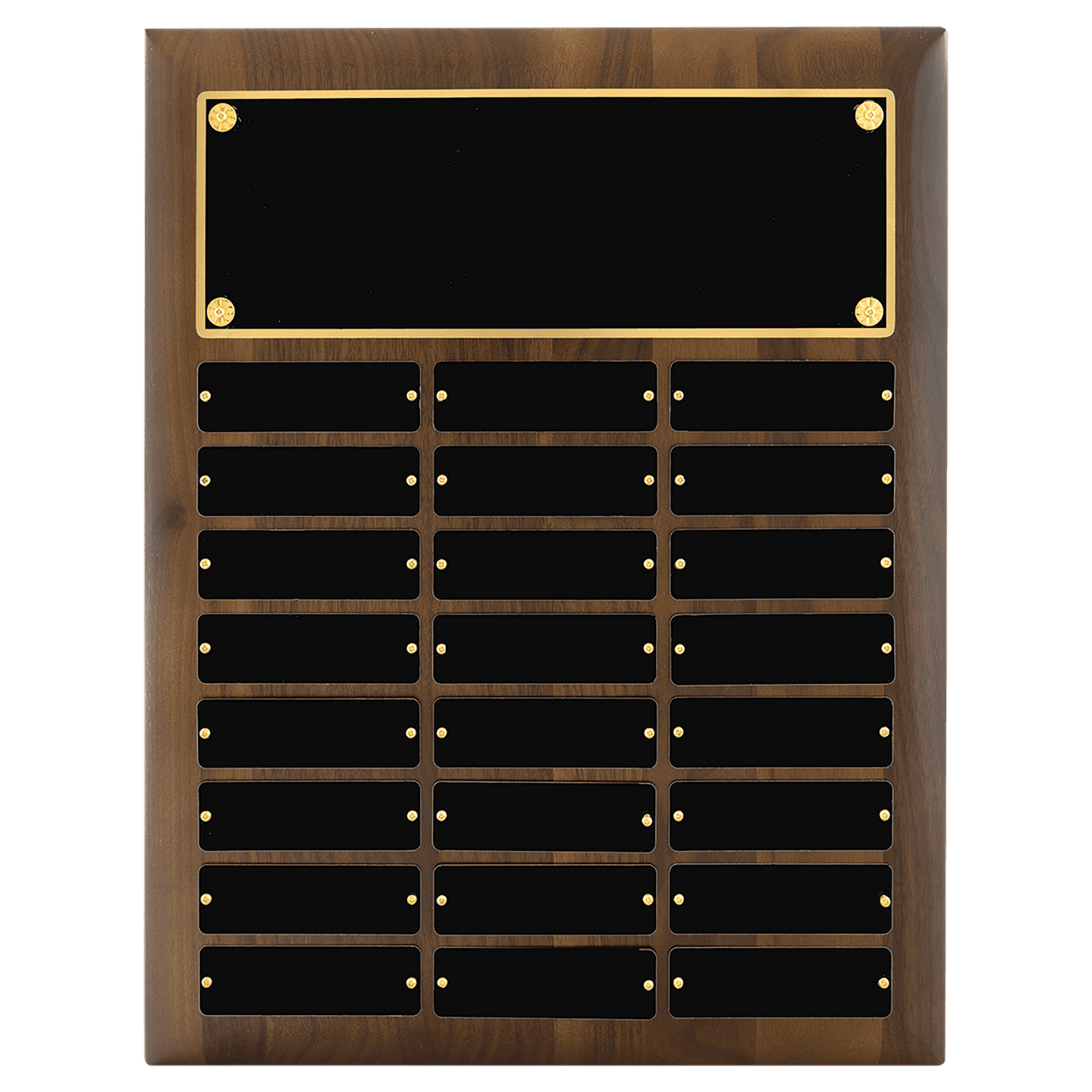 12" x 15"/Plates 1" x 3 1/4"American Walnut 24 Plate Perpetual Plaque with Black Brass Plates