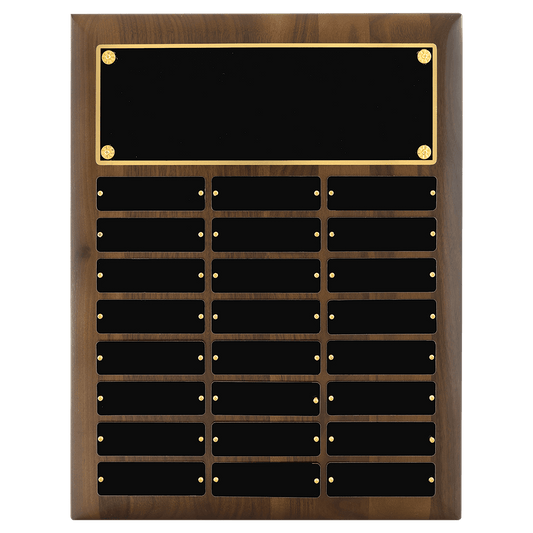 12" x 15"/Plates 1" x 3 1/4"American Walnut 24 Plate Perpetual Plaque with Black Brass Plates