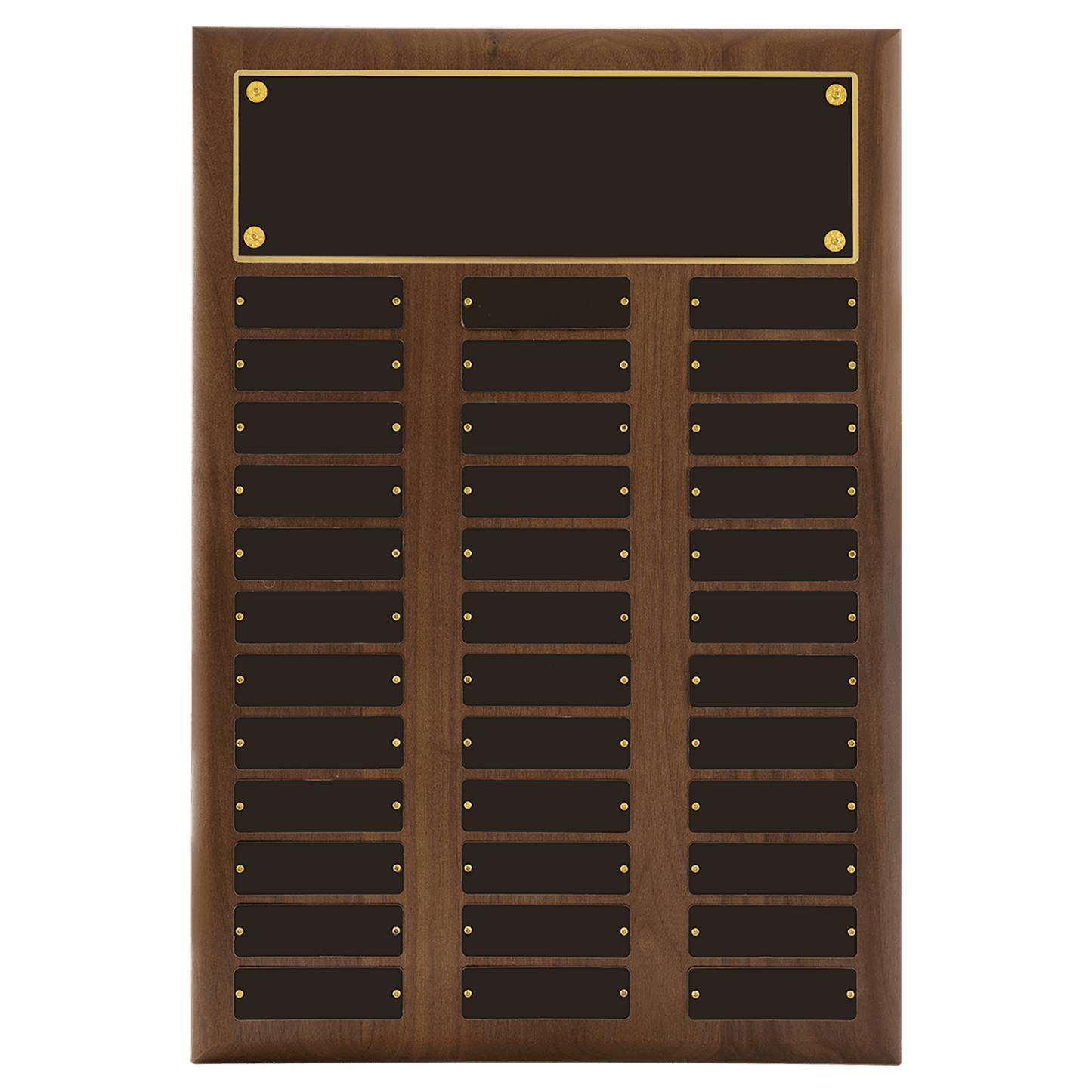 14" x 20"/Plates 1" x 3 1/4" American Walnut 36 Plate Perpetual Plaque with Black Brass Plates