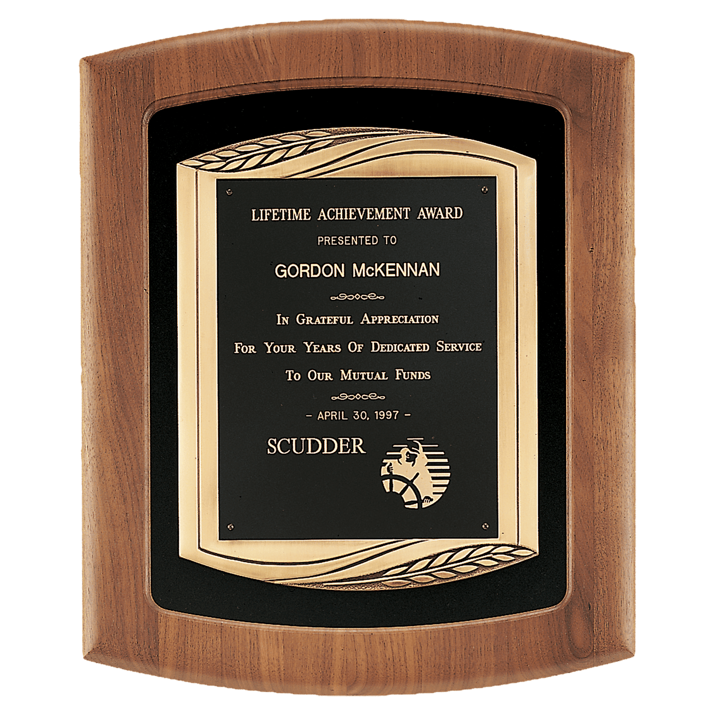 Walnut Frame with Black Velour Background and Back Laser Engravable Plate in an Antique Bronze 14" x 17" American Finished Frame Casting