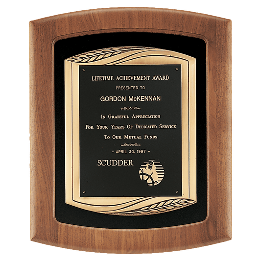 Walnut Frame with Black Velour Background and Back Laser Engravable Plate in an Antique Bronze 14" x 17" American Finished Frame Casting