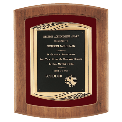 Walnut Frame with Maroon Velour Background and Black Laser Engravable Plate in an Antique Bronze 14" x 17" American Finished Frame Casting