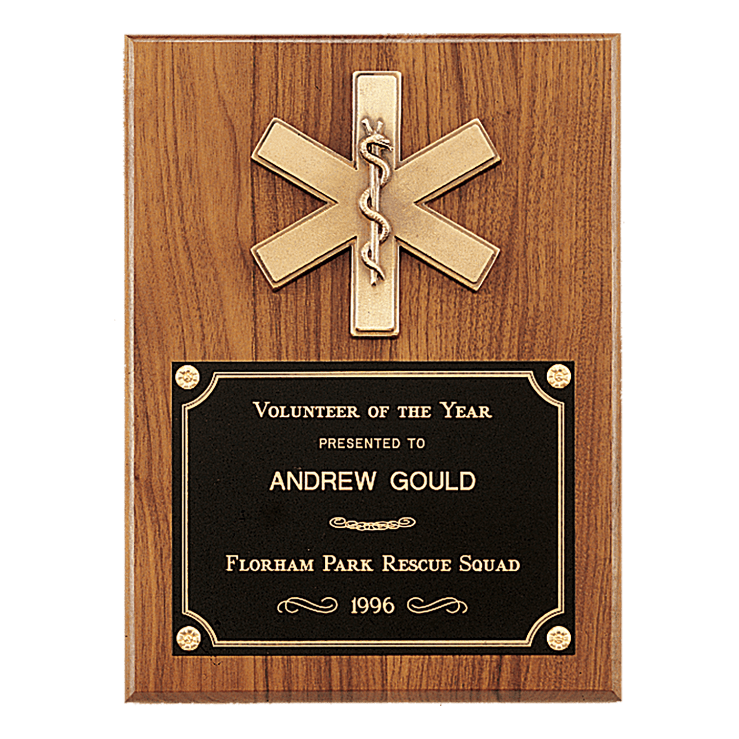 9" x 12" Walnut Plaque with Gold EMT Star of Life and Black Brass Plate