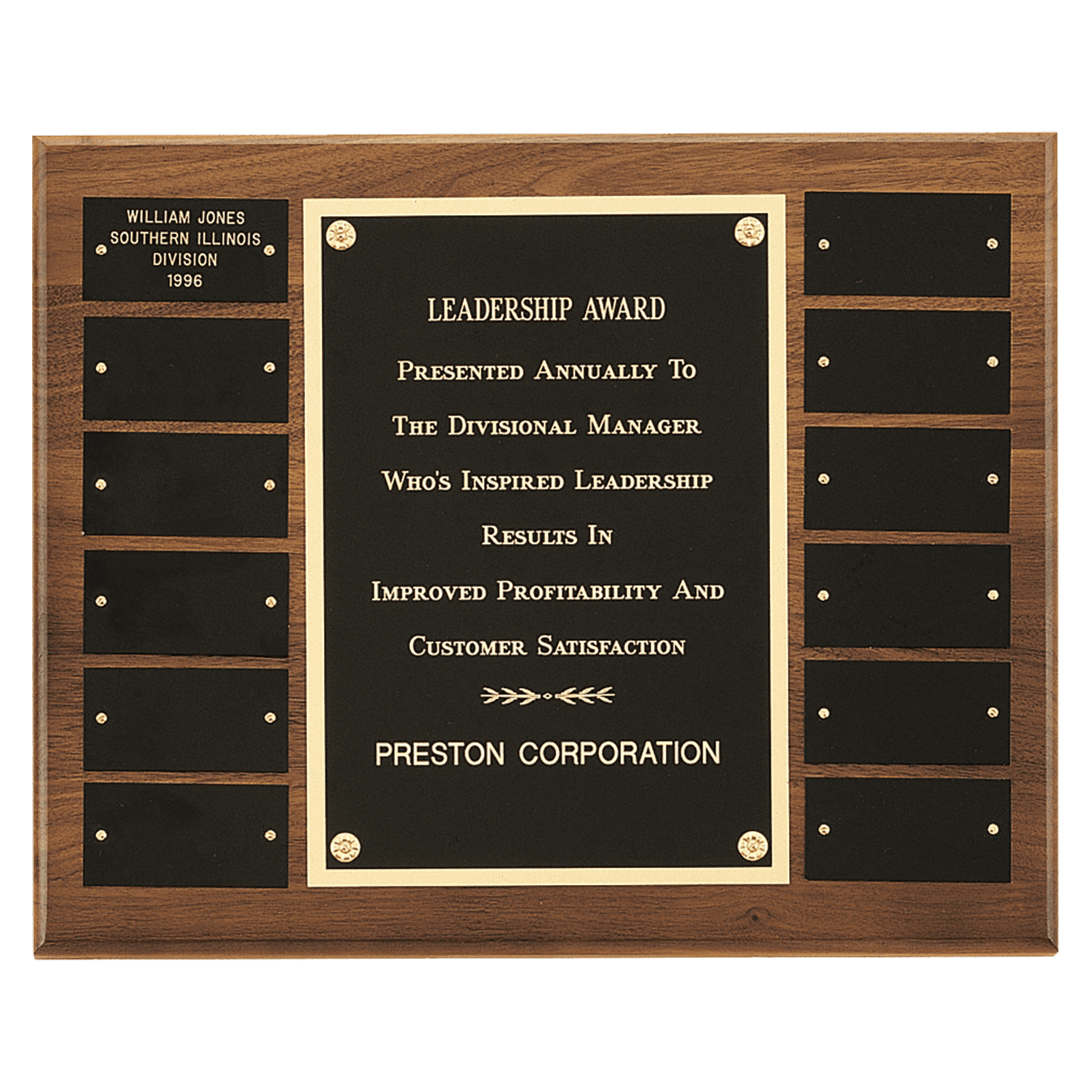 12" x 15"/Plates 1 1/2" x 3" American Walnut 12 Plate Perpetual Plaque with Black Brass Plates