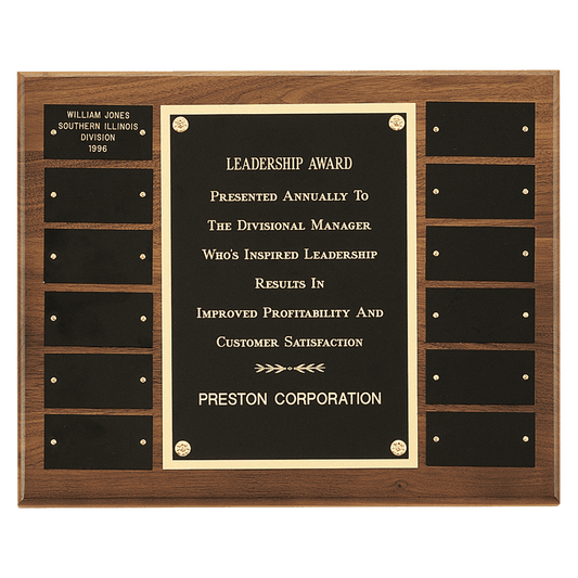 12" x 15"/Plates 1 1/2" x 3" American Walnut 12 Plate Perpetual Plaque with Black Brass Plates