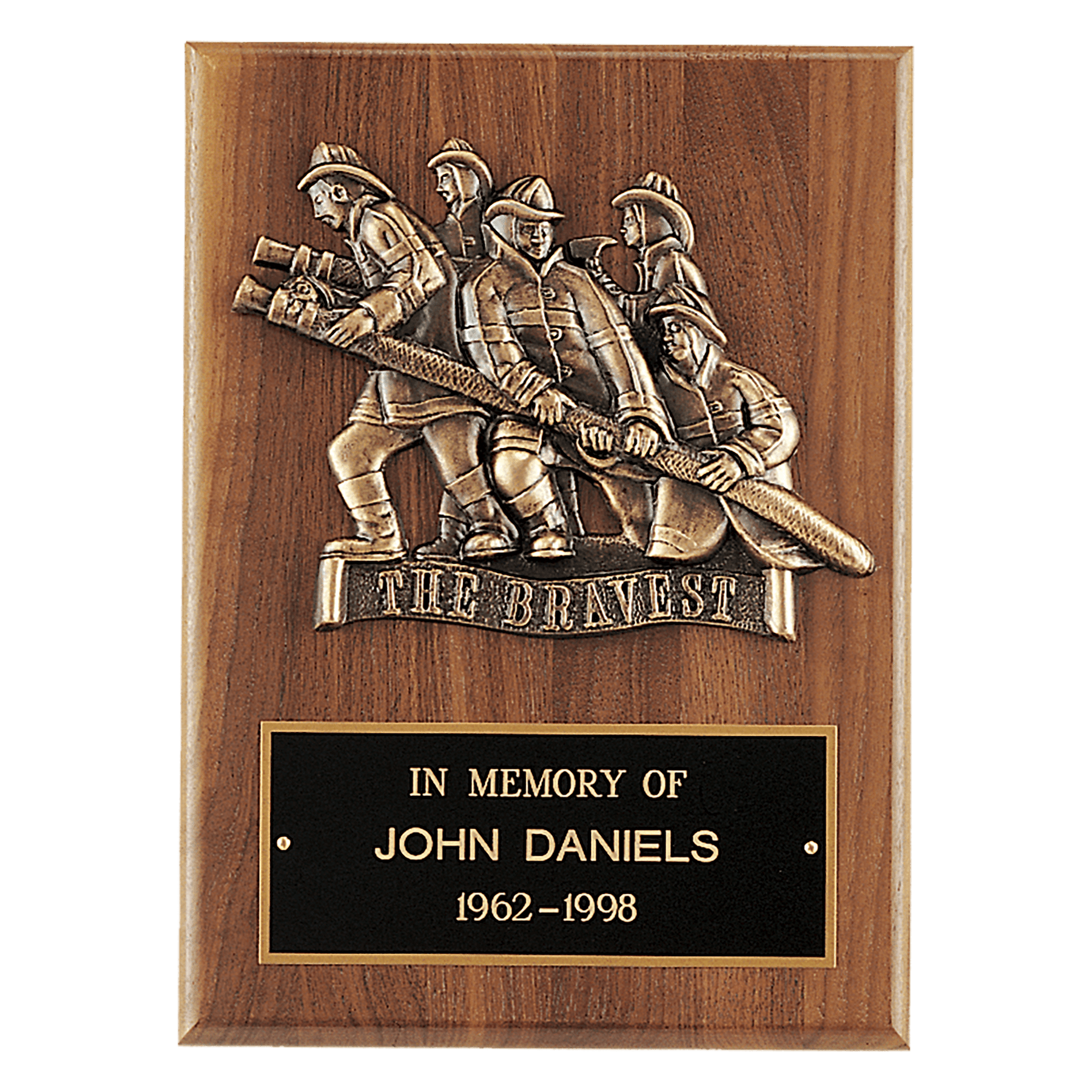 Walnut Plaque, Bronze Cast Fire Department "Bravest" with Black Brass 9" x 12" American Plate