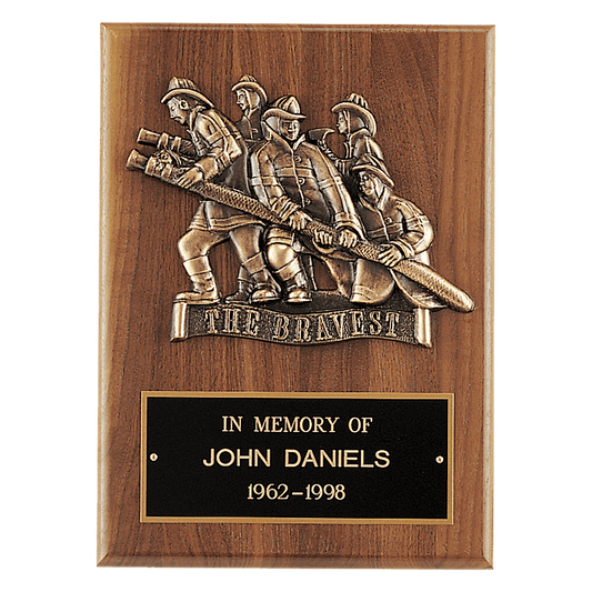Walnut Plaque, Bronze Cast Fire Department "Bravest" with Black Brass 9" x 12" American Plate
