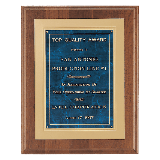 12" x 15" American Walnut Step Edge Plaque with Sapphire Marble Gold Framed LaserFX Plate