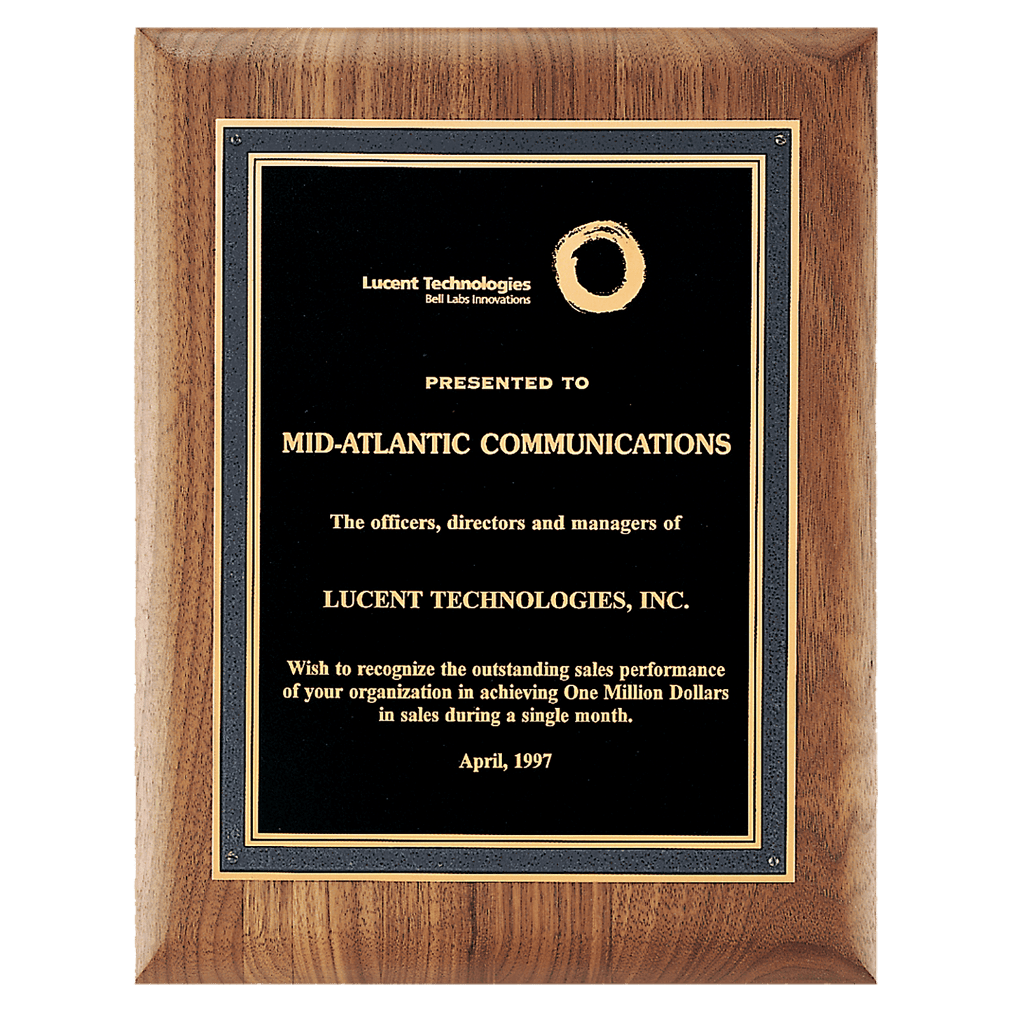 Walnut Plaque with Black/Gold Florentine Border Textured Black 2 9" x 12" American LaserFX Plate