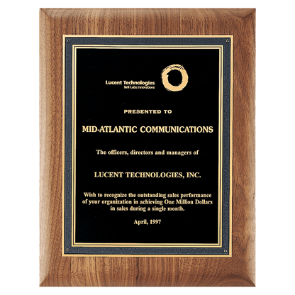 Walnut Plaque with Black/Gold Florentine Border Textured Black 2 9" x 12" American LaserFX Plate