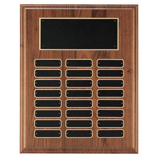12" x 15" Walnut Step-Edge 24 Plate Perpetual Plaque with Black Brass Plate
