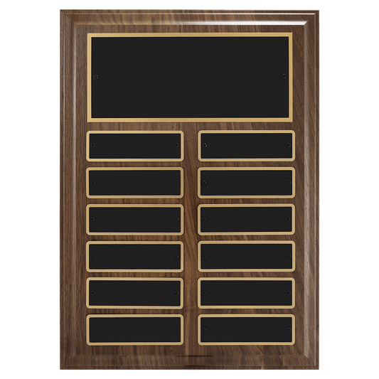9" x 12"/Plates 1" x 3 1/4" Walnut Step-Edge 12 Plate Perpetual Plaque with Black Brass Plate