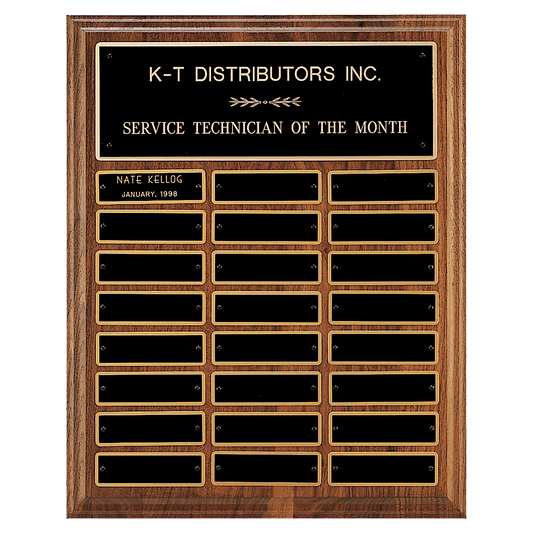 12" x 15"/Plates 1" x 3 1/4" Walnut Step-Edge 24 Plate Perpetual Plaque with Black Brass Plate