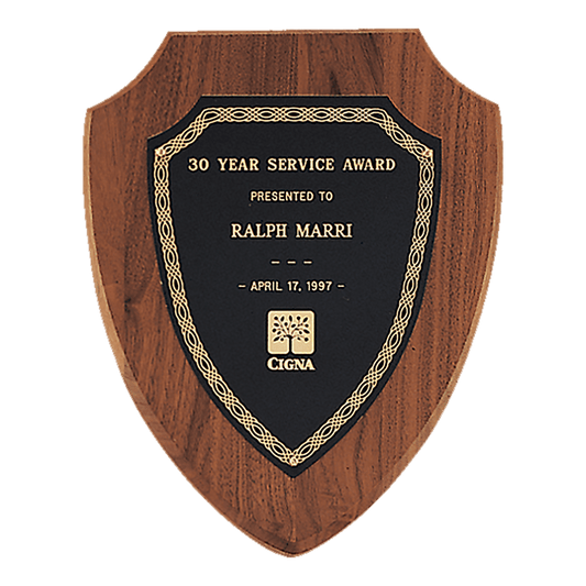 Black Laserable Gold Border Shield Plate on an American walnut 2 7 1/4" x 9" Jewelers Shield Plaque- Sheffield Series