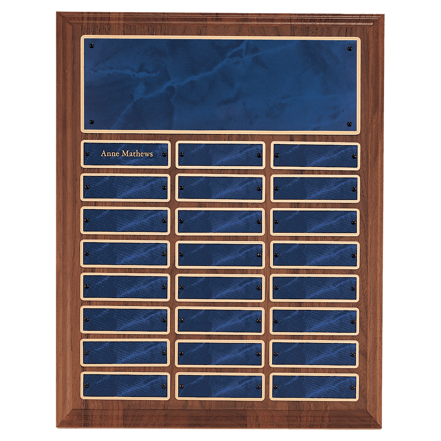 12" x 15"/Plates 1" x 3 1/4" American Walnut 24 Plate Perpetual Plaque with Sapphire Marble Brass Plates