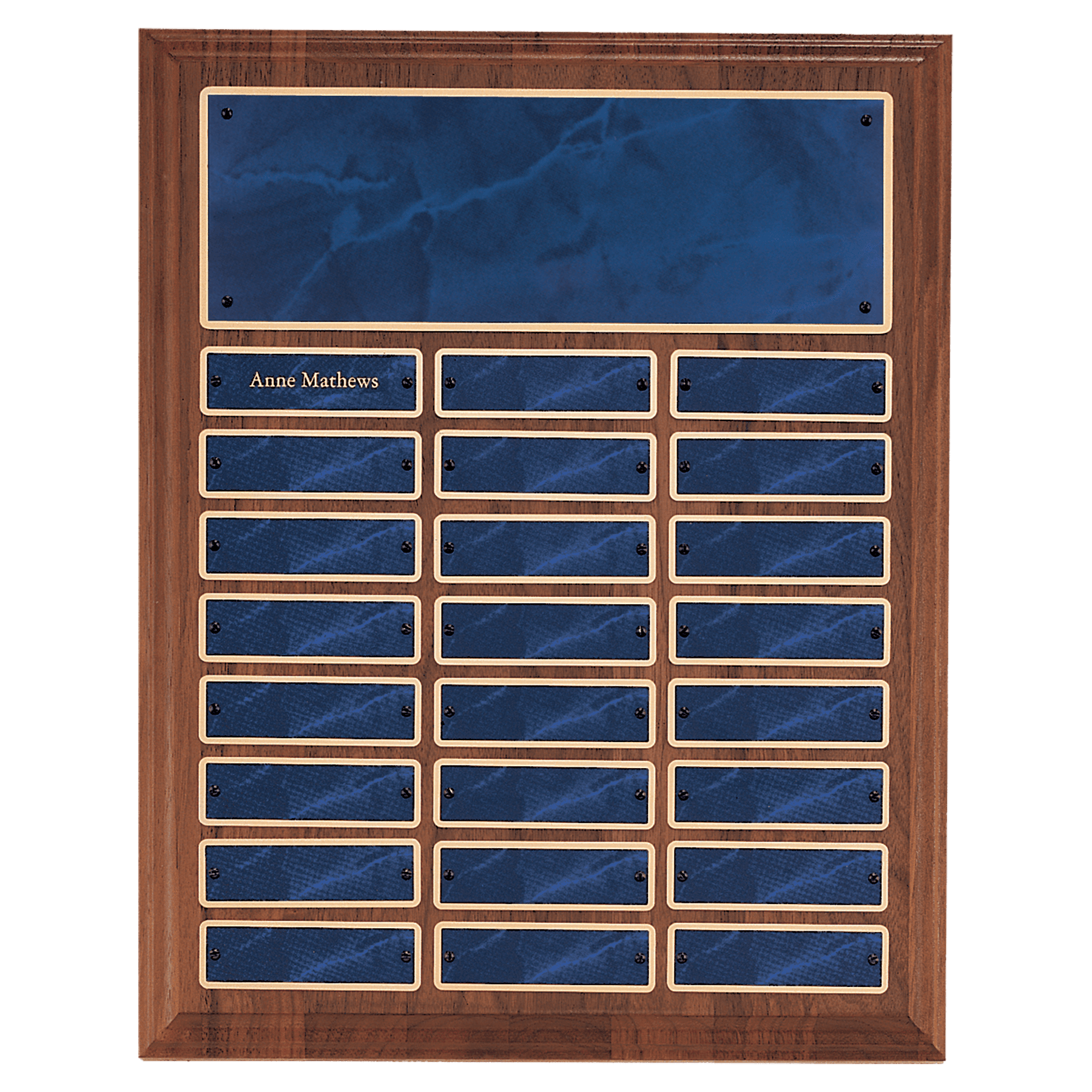 12" x 15"/Plates 1" x 3 1/4" American Walnut 24 Plate Perpetual Plaque with Sapphire Marble Brass Plates