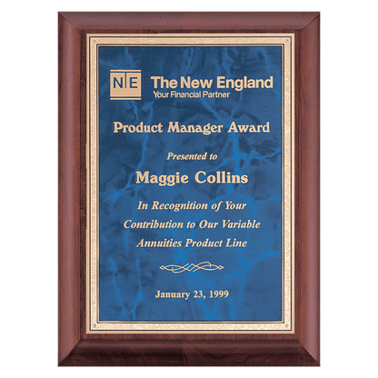 Cherry Finish Plaque with Sapphire Marble Gold 7" x 9" Hand Rubbed Border LaserFX Plate