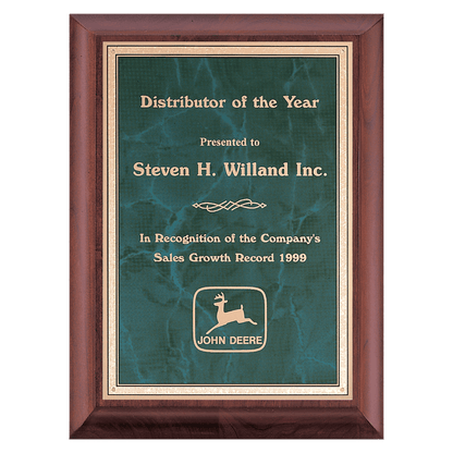 Cherry Finish Plaque with Emerald Marble Gold 9" x 12" Hand Rubbed Border LaserFX Plate