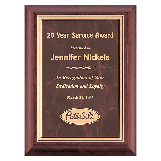 Cherry Finish Plaque with Ruby Marble Gold 8" x 10" Hand Rubbed Border LaserFX Plate