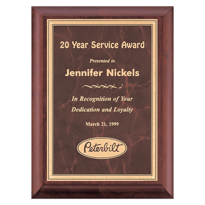 Cherry Finish Plaque with Ruby Marble Gold 9" x 12" Hand Rubbed Border LaserFX Plate
