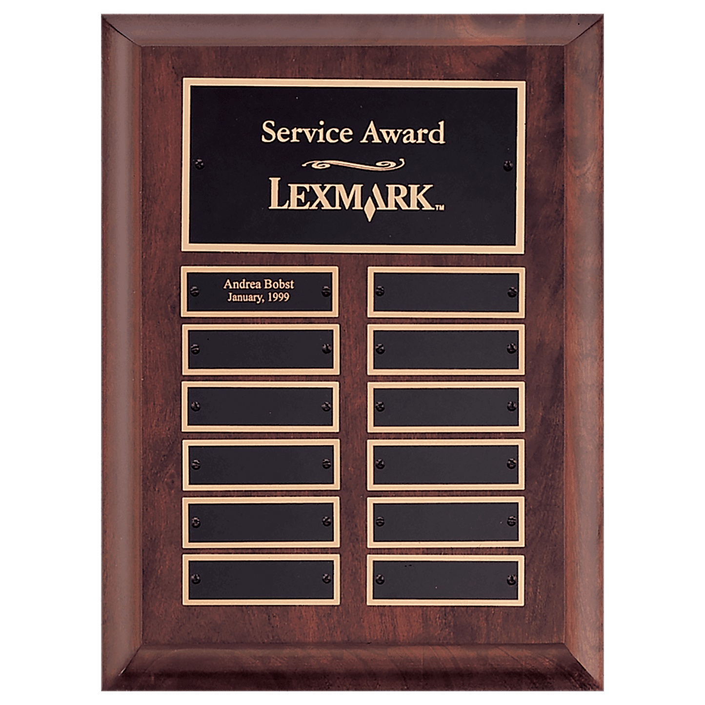 9" x 12" Airflyte Cherry Finish Perpetual Plaque with 12 Gold Border Black Laserable Brass Perpetual Plates
