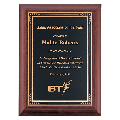 Cherry Finish Plaque with Black Gold 7" x 9" Hand Rubbed Florentine Border LaserFX Plate