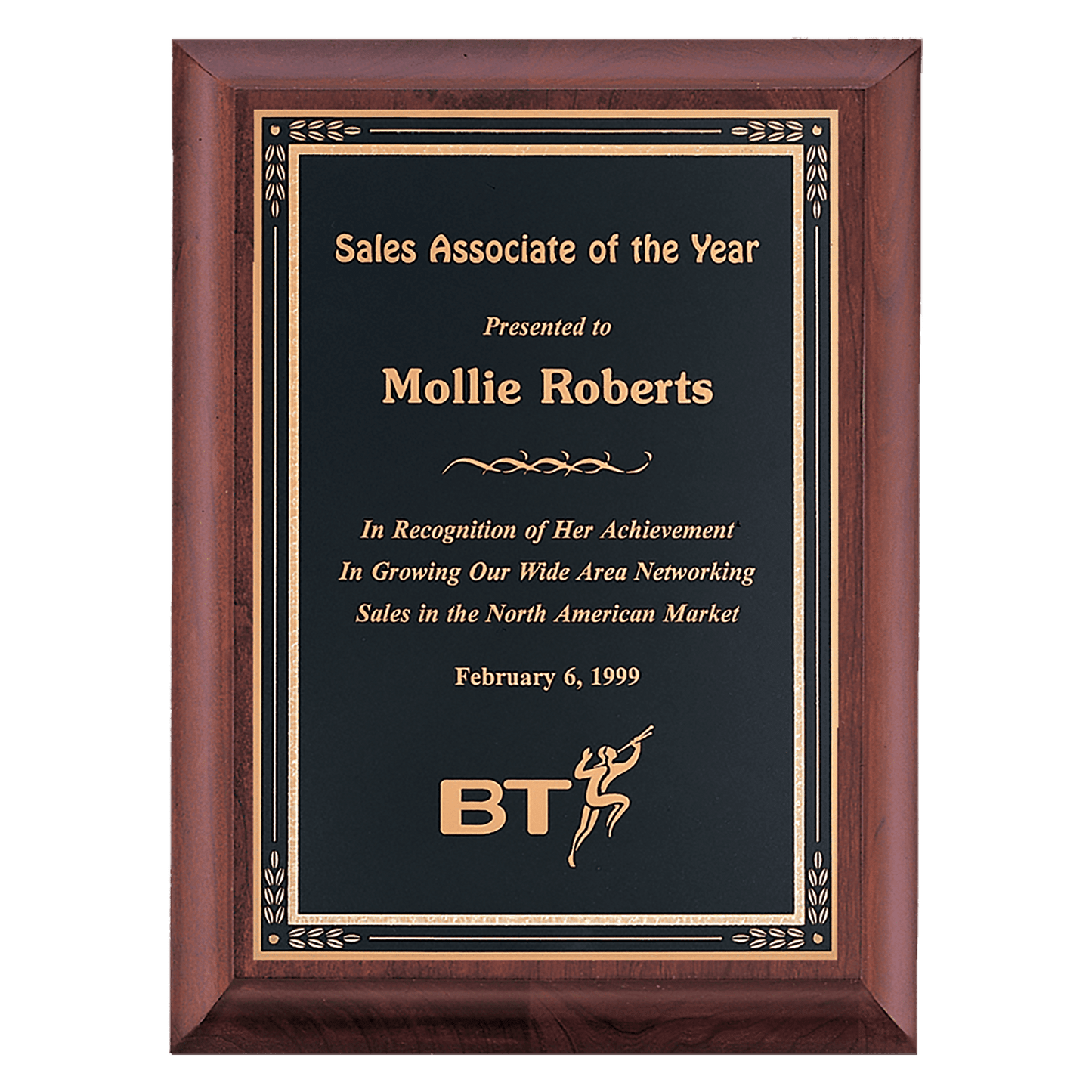 Cherry Finish Plaque with Black Gold 8" x 10" Hand Rubbed Florentine Border LaserFX Plate
