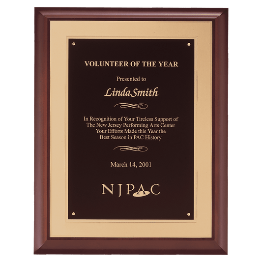 Cherry Finish Plaque with Black Laserable Brass Plate on a Gold 11" x 14" Hand Rubbed Embossed Back Plate