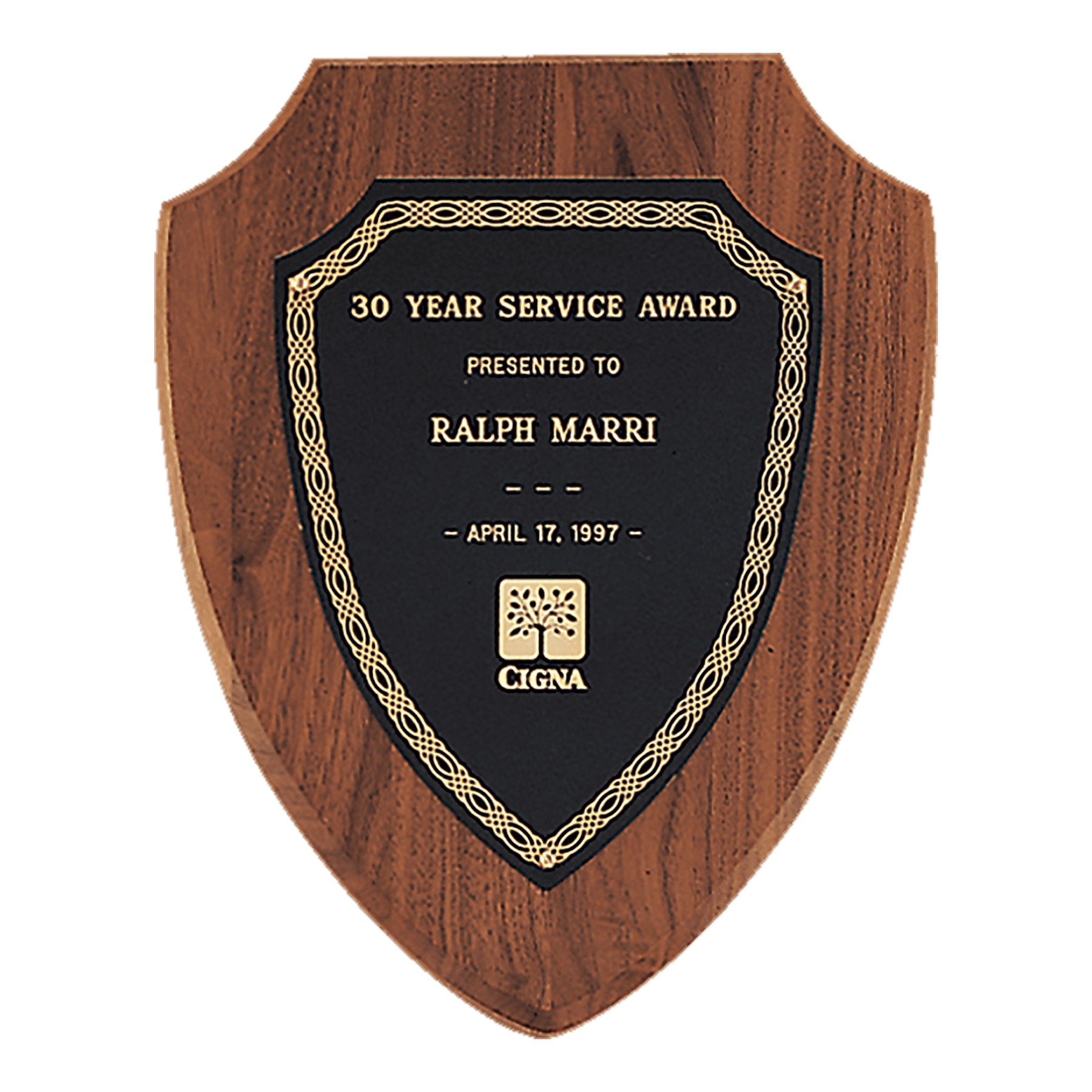 10" x 12" Jewelers Black Laserable Gold Border Shield Plate on an American Walnut Shield Plaque- Sheffield Series