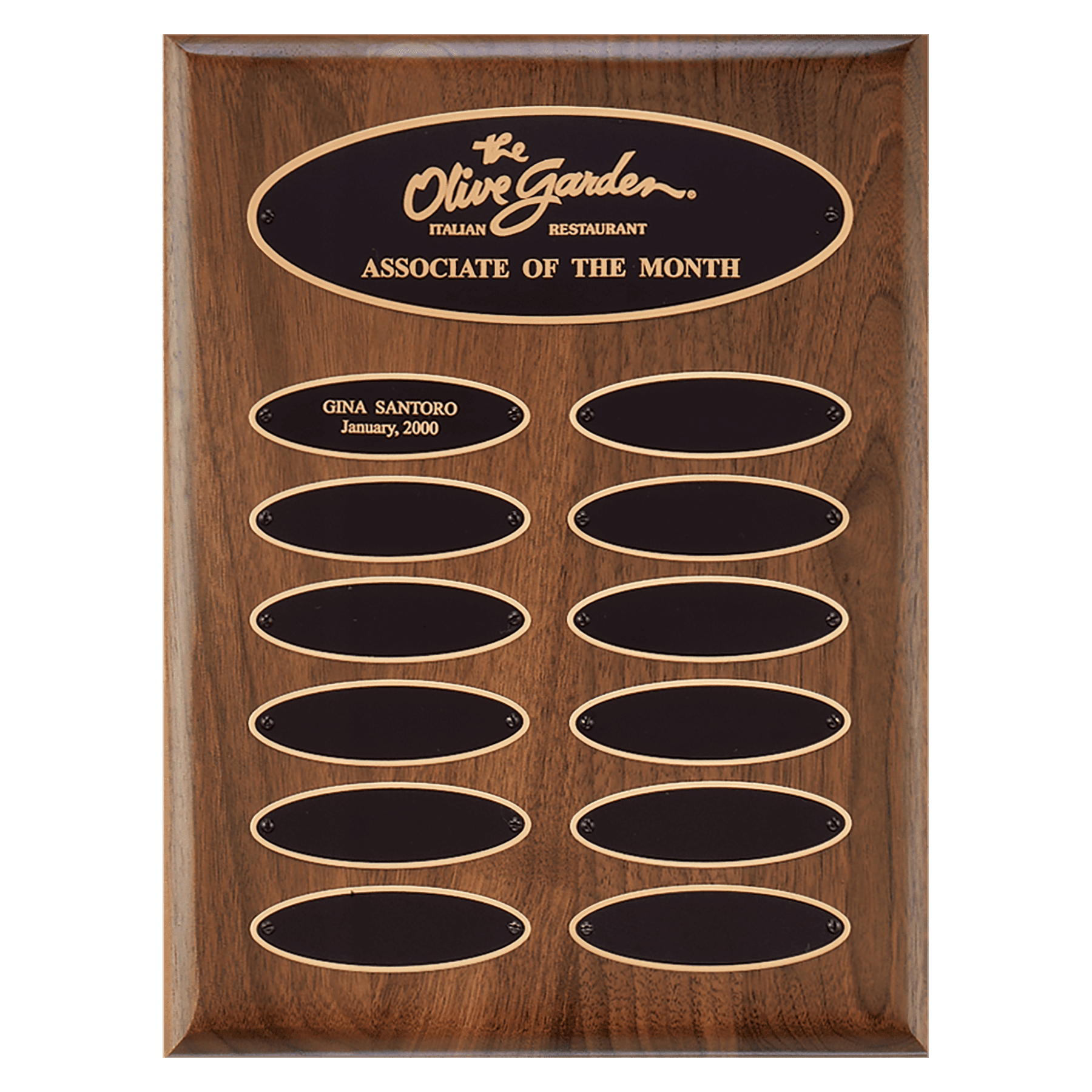 9" x 12"/Plates 1" x 3 1/4" American Walnut 12 Plate Perpetual Plaque with Black Brass Elliptical Plates
