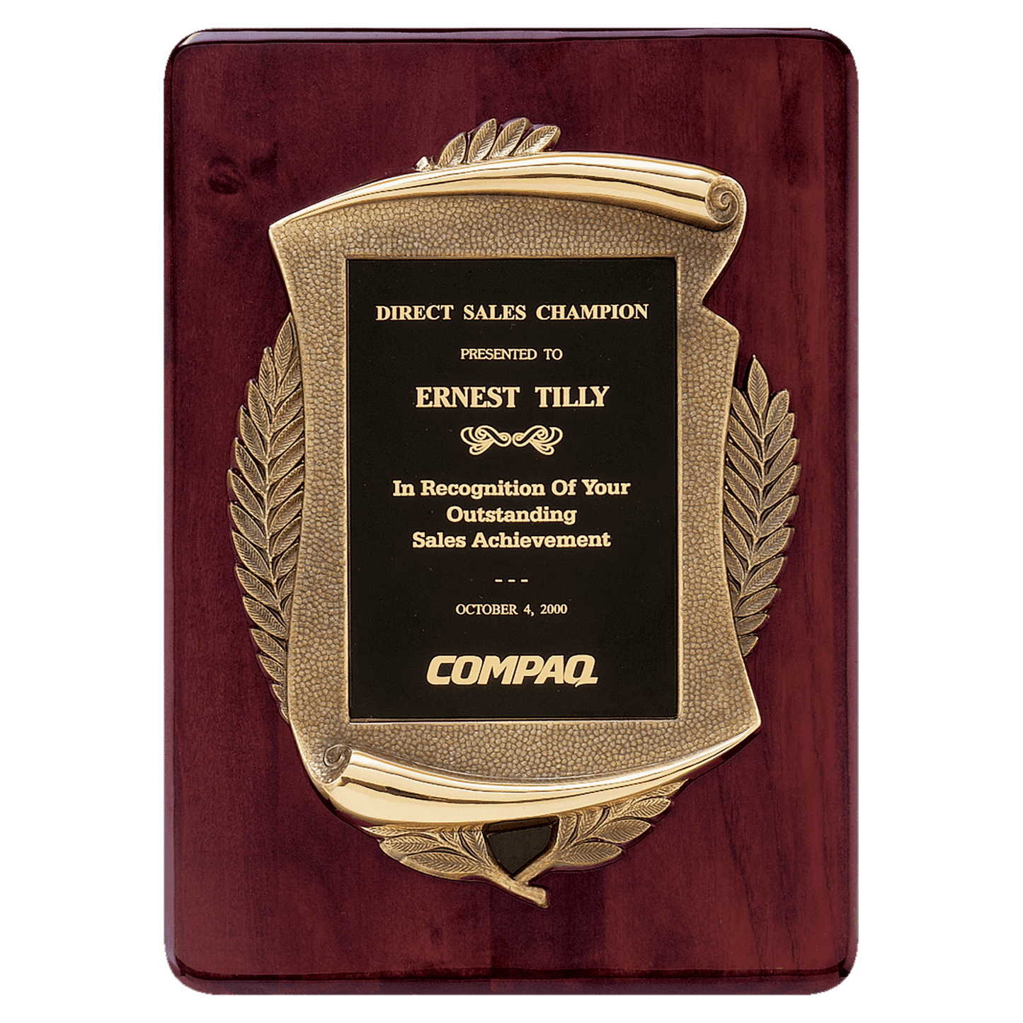 11" x 15" Rosewood Piano Finish Plaque w/Antique Bronze Scroll Frame and Black Brass Plate