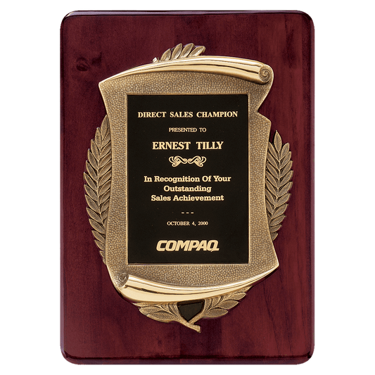 11" x 15" Rosewood Piano Finish Plaque w/Antique Bronze Scroll Frame and Black Brass Plate