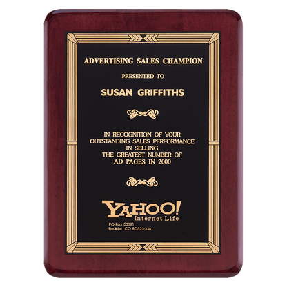 Rosewood Piano Finish Plaque with Gold Border Black Laserable Brass 7" x 9" Airflyte Premium PLate