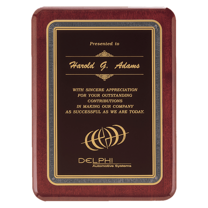Rosewood Piano Finish Plaque with Black/Gold 7" x 9" Florentine Design LaserFX Plate