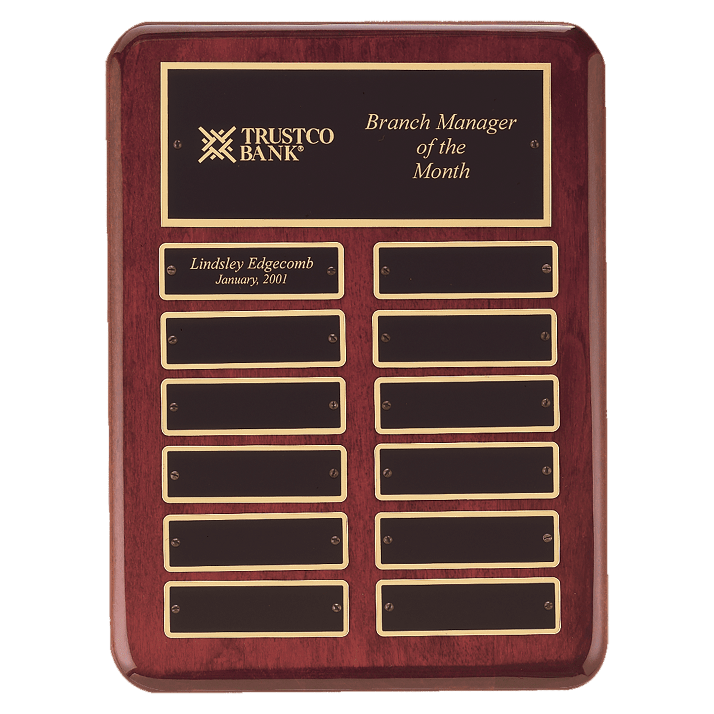 9" x 12" Rosewood Piano Finish 12 Perpetual Plates Plaque with Laserable Black Brass Plates