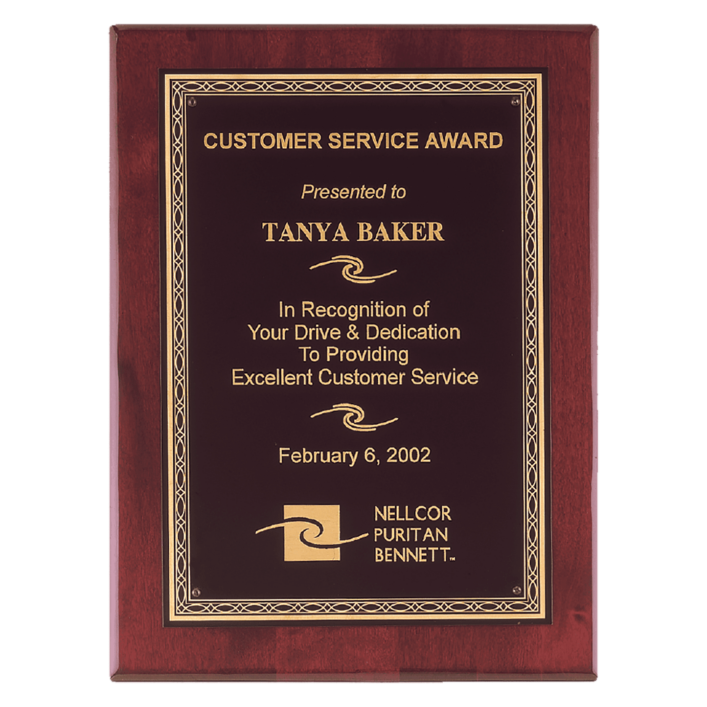 Rosewood Piano Finish Plaque with Gold Florentine Border Laserable Black Brass 7" x 9" Airflyte Premium PLate