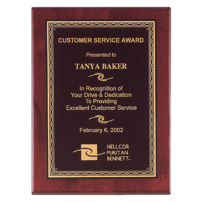 Rosewood Piano Finish Plaque with Gold Florentine Border Laserable Black Brass 7" x 9" Airflyte Premium PLate