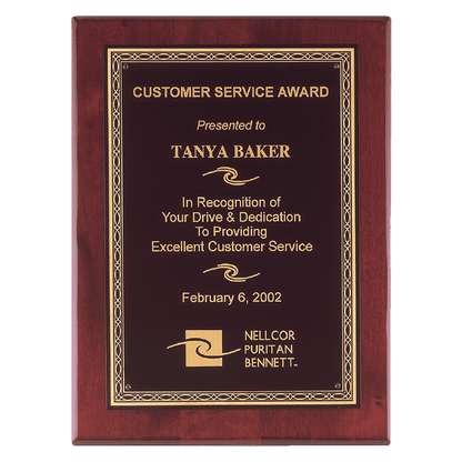 Rosewood Piano Finish Plaque with Gold Florentine Laserable Black Brass 11" x 14" Airflyte Premium Plate