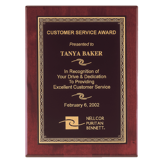 Rosewood Piano Finish Plaque with Gold Florentine Laserable Black Brass 11" x 14" Airflyte Premium Plate