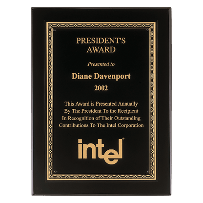 Black Piano Finish Plaque with Gold Florentine Border Laserable Black Brass 8" x 10" Airflyte Premium Plate