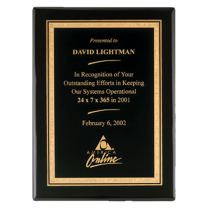 Black Piano Finish Plaque with Gold 7" x 9" Airflyte Premium Florentine Border LaserFX Plate