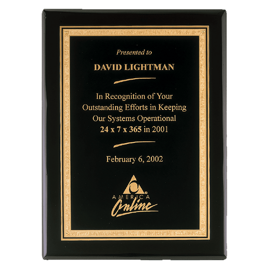 11" x 14" Airflyte Premium Black Piano Finish Plaque with Gold Florentine Border LaserFX Plate