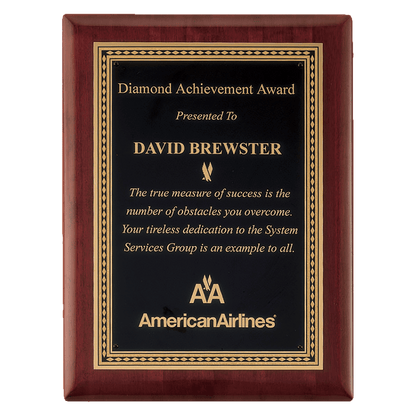 Rosewood Piano Finish Plaque with Gold Border Black 8" x 10 1/2" Airflyte Premium LaserFX Plate