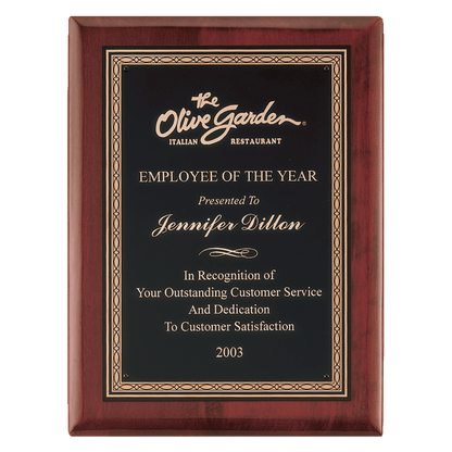 Rosewood Piano Finish Plaque with Gold Border Black Laserable Brass 9" x 12" Airflyte Premium Plate