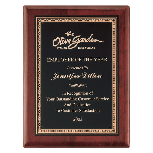 10 1/2" x 13" Airflyte Premium Rosewood Piano Finish Plaque with Gold Border Black Laserable Brass Plate