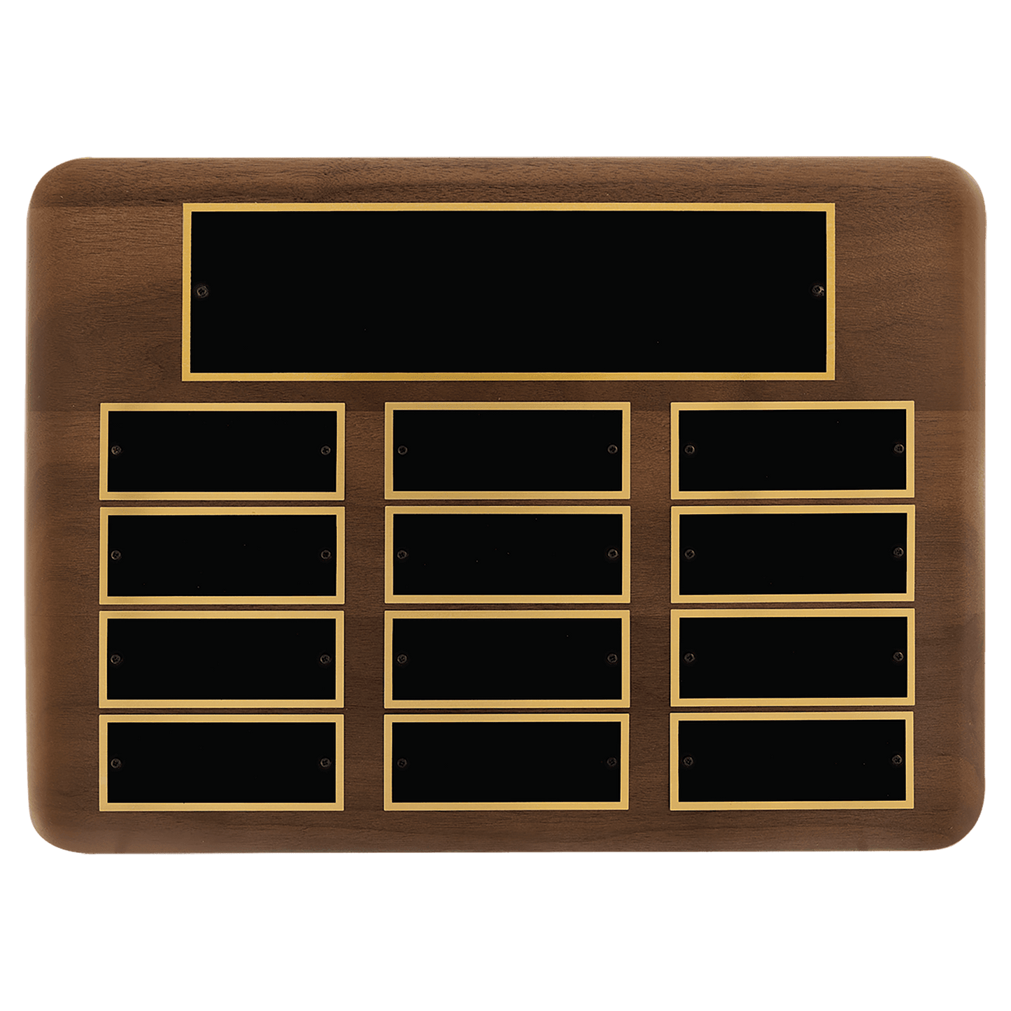 Walnut 12 Plate Perpetual Plaque with Black Brass 11" x 15"/Plates 1 1/2" x 3 3/4" American Plates
