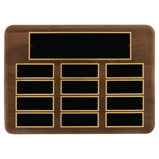 Walnut 12 Plate Perpetual Plaque with Black Brass 11" x 15"/Plates 1 1/2" x 3 3/4" American Plates