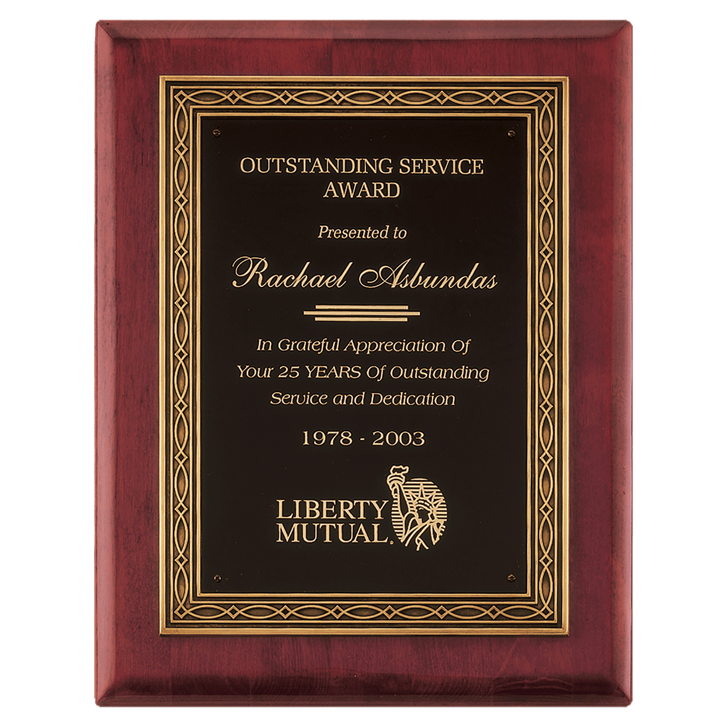 Rosewood Piano Finish Plaque w/Antique Bronze Cast Frame and Black Brass 11" x 14" Plate