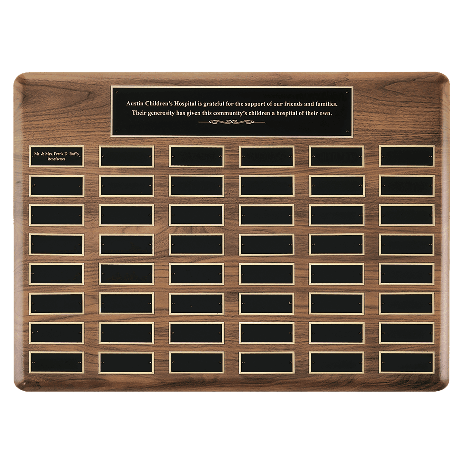 Walnut 48 Plate Perpetual Plaque with Black Brass 20" x 30"/Plates 1 1/2" x 3 3/4" American Plates